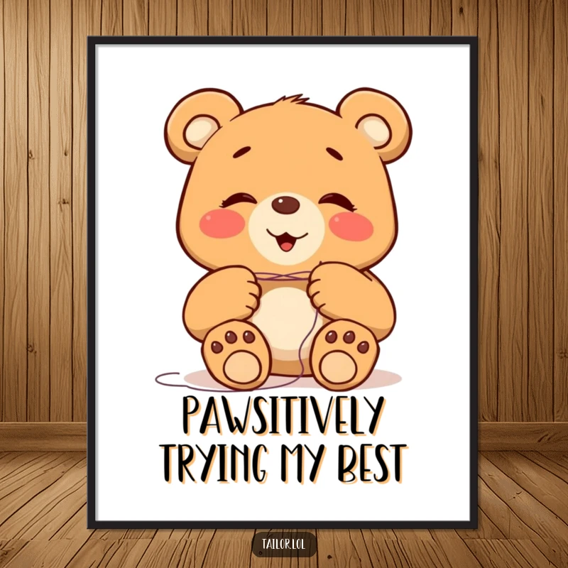 Funny free printable wall art: a laughing bear with oversized paws comically struggles to thread a minuscule needle.