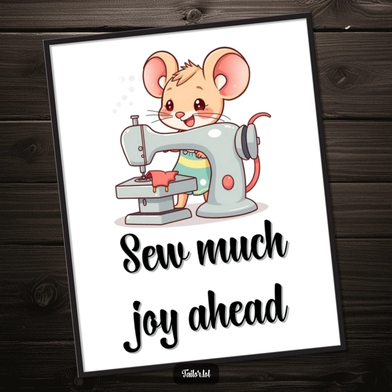 Funny free printable Kawaii mouse tailor grinning while operating a massive sewing machine, ready to create.