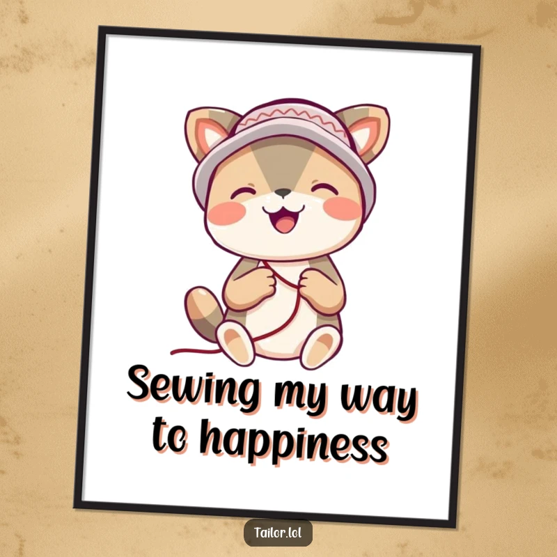 Funny Free Printable wall art featuring a joyful animal wearing a thimble hat, happily focused on stitching.