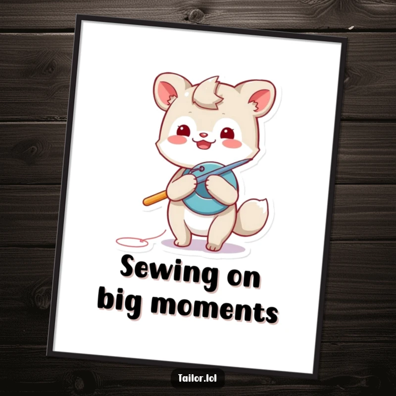 Funny Free Printable wall art of a playful animal character attempting to sew a button using a ridiculously giant needle.