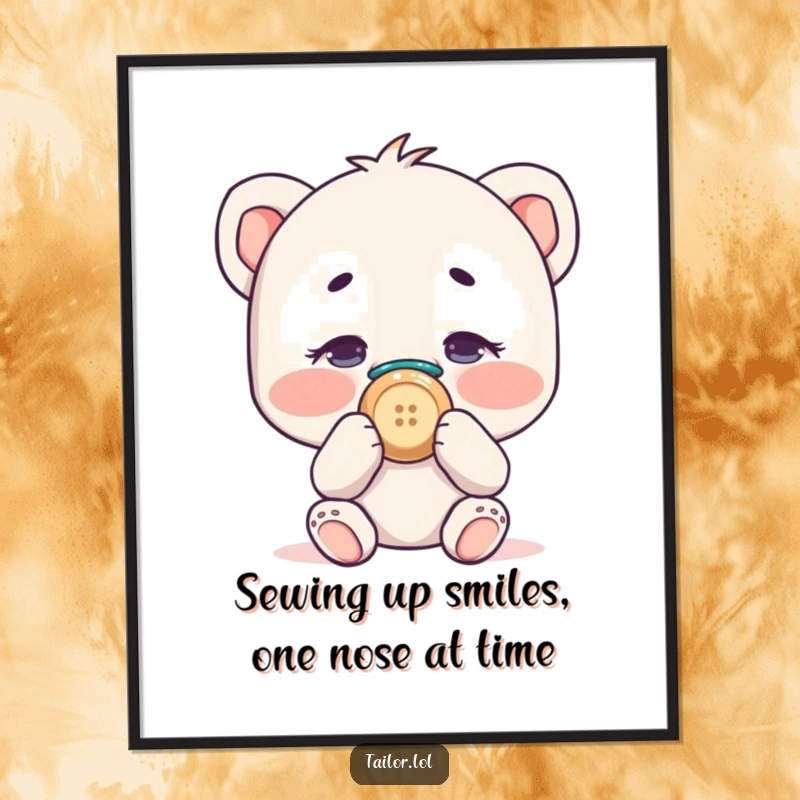Funny Free Printable Wall Art: Character comically sewing a button onto their own nose, adding whimsy.