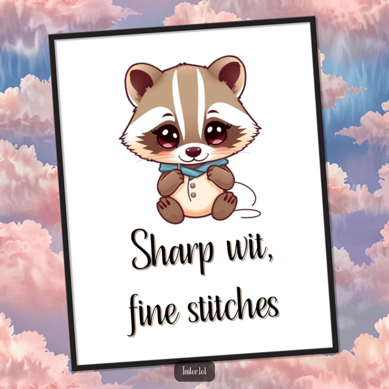 Funny Free Printable Wall Art: Curious Kawaii badger tailor character intensely examining a needle and thread with wide eyes.