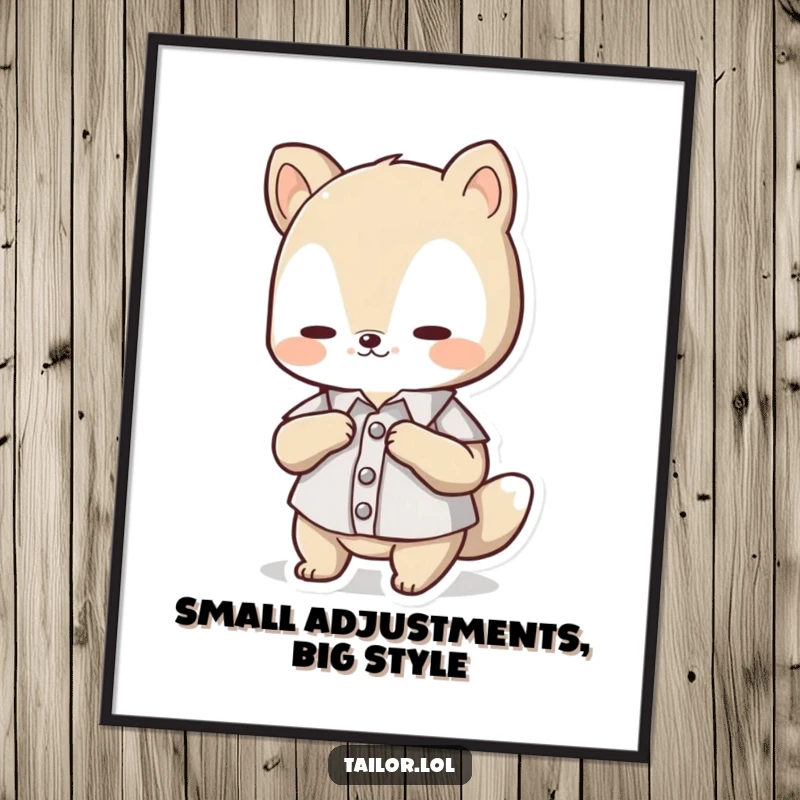 Funny Free Printable Wall Art: Cute animal character meticulously adjusting a tiny button on a miniature shirt with serious concentration.