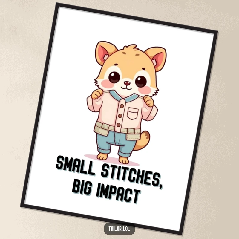 Funny Free Printable Wall Art: Accomplished animal proudly displaying a ridiculously small, perfectly sewn garment.