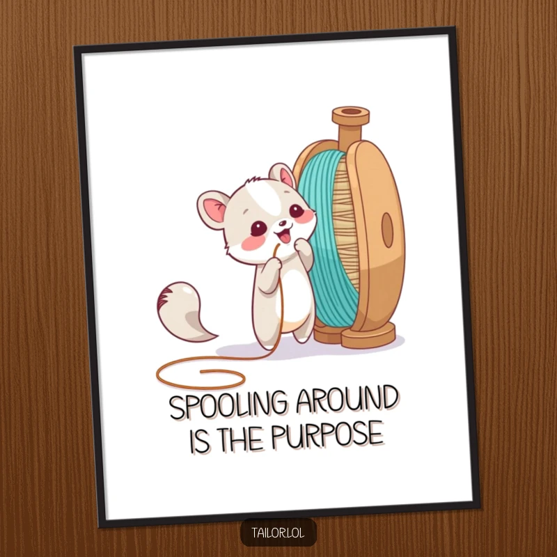 Funny free printable wall art of an animal character playfully tugging a thread from a giant spool. Whimsical, humorous downloadable art.
