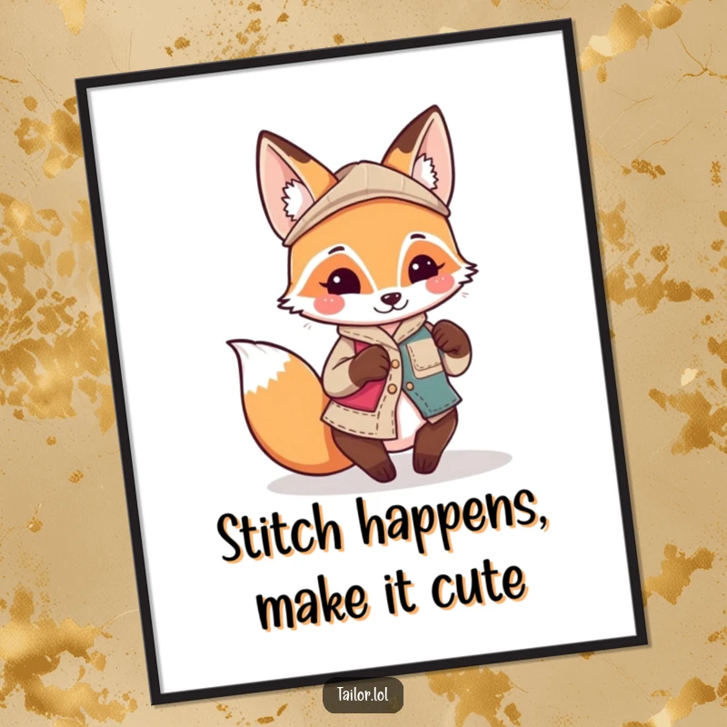 Funny Free Printable Wall Art: Playful Kawaii fox tailor character sewing a delightfully quirky and mismatched fabric patch.