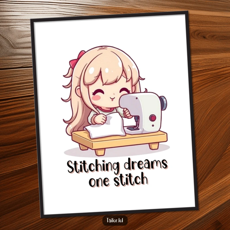 Funny Free Printable Wall Art: A character with a happy yet determined expression focuses intently on using their sewing machine.