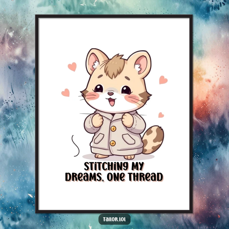 Funny Free Printable Wall Art: A cute animal character enthusiastically stitches a very large garment with impressive speed and skill.