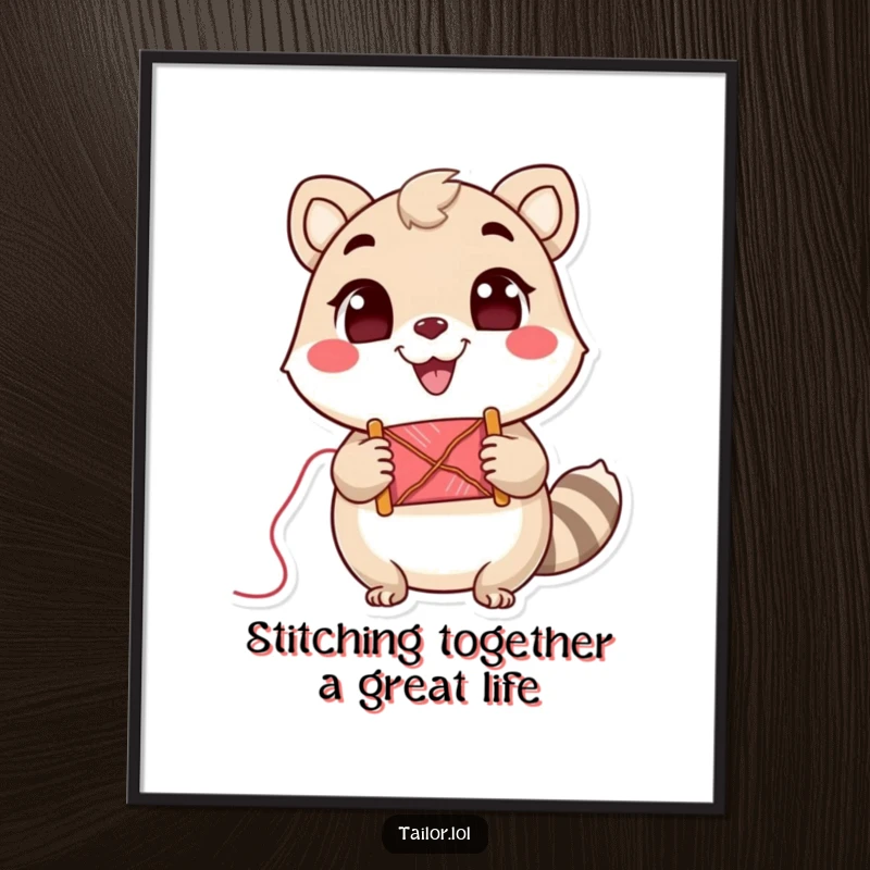 Funny Free Printable Wall Art: Cute animal character holding a spool of thread with a wide, cheerful grin, symbolizing creativity.