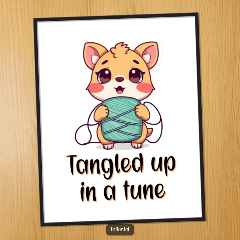 Funny Free Printable Wall Art: An animal character comically tangled in a spool of thread, looking surprised, quirky decor.