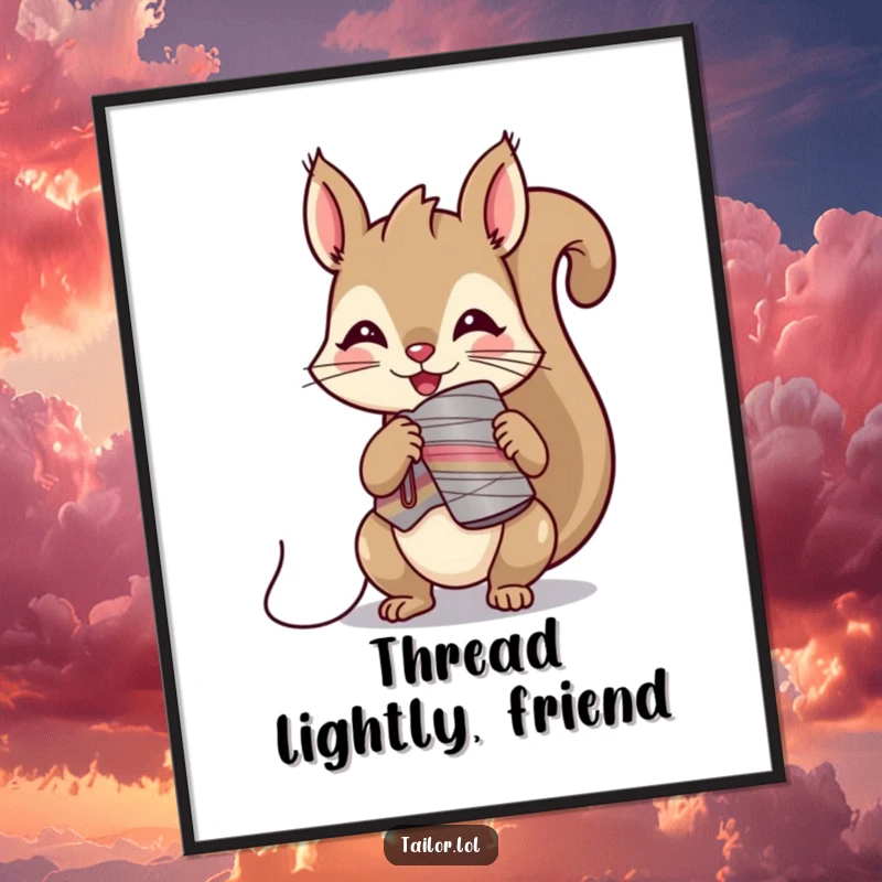 Funny Free Printable Wall Art: Mischievous Kawaii squirrel tailor character is caught in the act of stealing a spool of thread, full of playful energy.