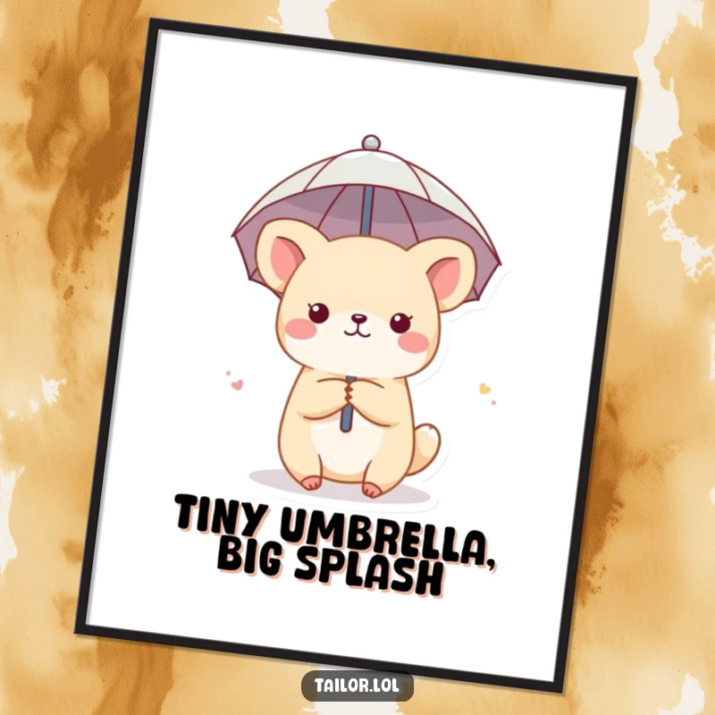 Funny Free Printable Wall Art: Adorable animal character using a thimble as a miniature umbrella, showcasing quirky charm for download.