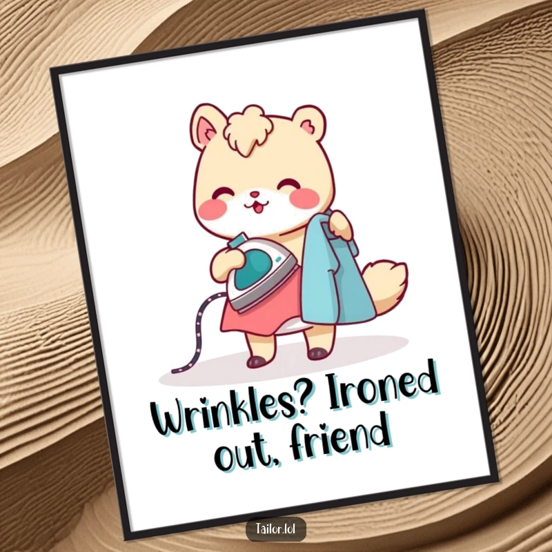 Funny Free Printable Wall Art: Cheerful animal character neatly ironing clothes with a tiny, steaming iron, adding humor to decor for download.