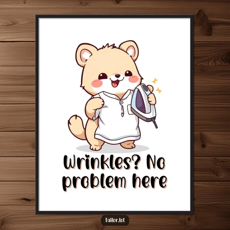 Funny Free Printable Wall Art: A cute animal character happily ironing a wrinkled shirt, bringing tidiness and smiles.