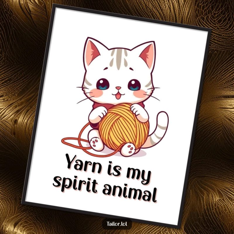 Funny Free Printable Wall Art depicting a surprised Kawaii cat tailor character hilariously ensnared in a massive, colorful ball of yarn.