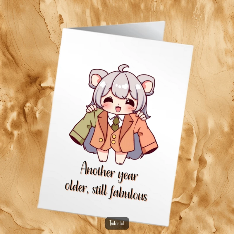 Funny free printable birthday card featuring a gleeful character showing off a comically ill-fitting tailored garment.