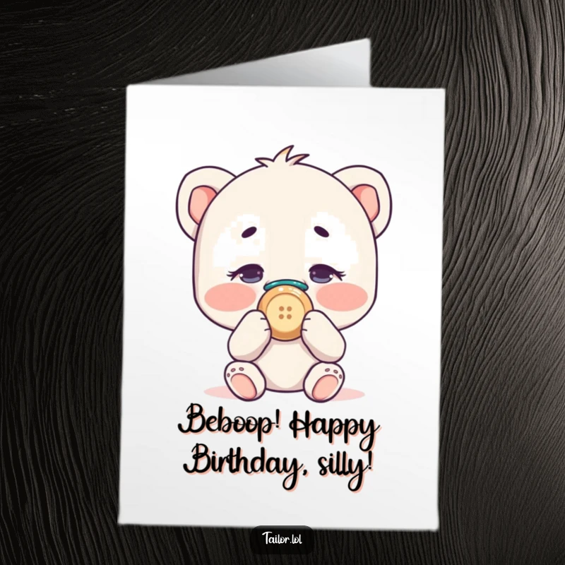 Funny Free Printable Birthday Card: Character comically sewing a button onto their own nose, spreading birthday cheer.