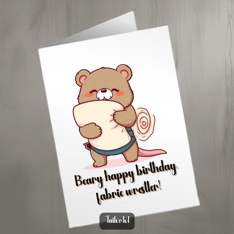 Funny Free Printable Birthday Card: a playful bear tailor wrestling a giant fabric roll, celebrating with humor.