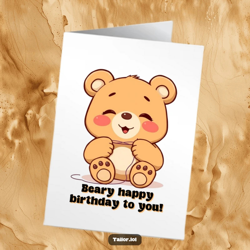 Funny free printable birthday card: a giggling bear with huge paws hilariously attempts to thread a tiny needle.