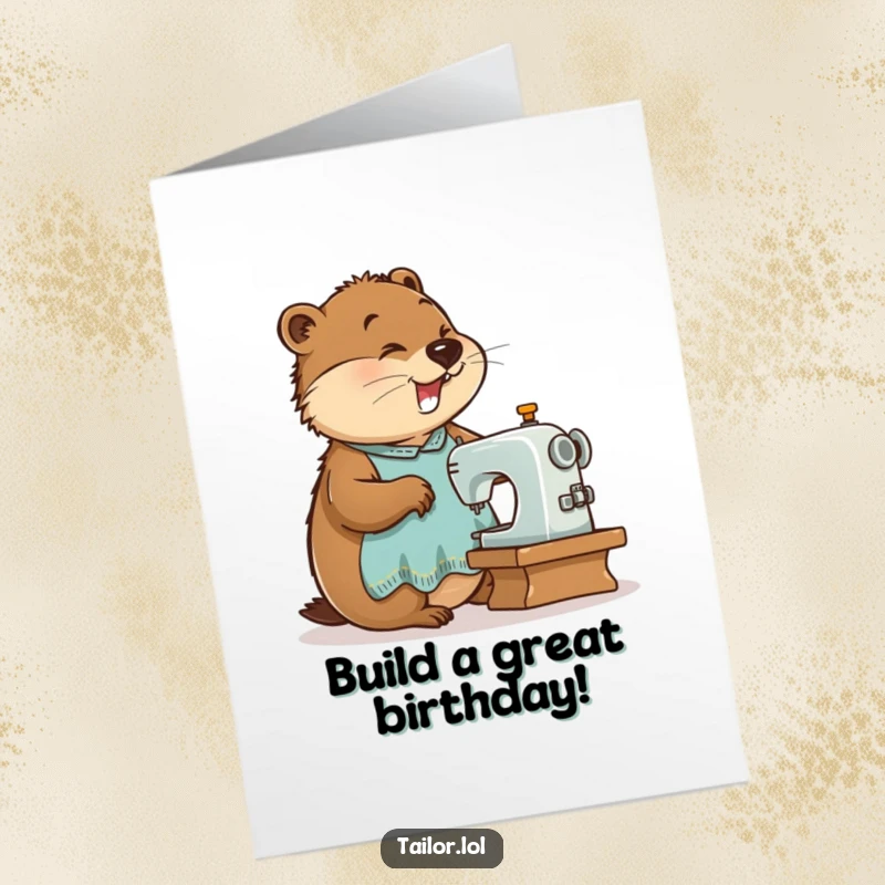Funny Free Printable Birthday Card showing a busy beaver tailor enthusiastically operating a tiny sewing machine, full of birthday cheer.