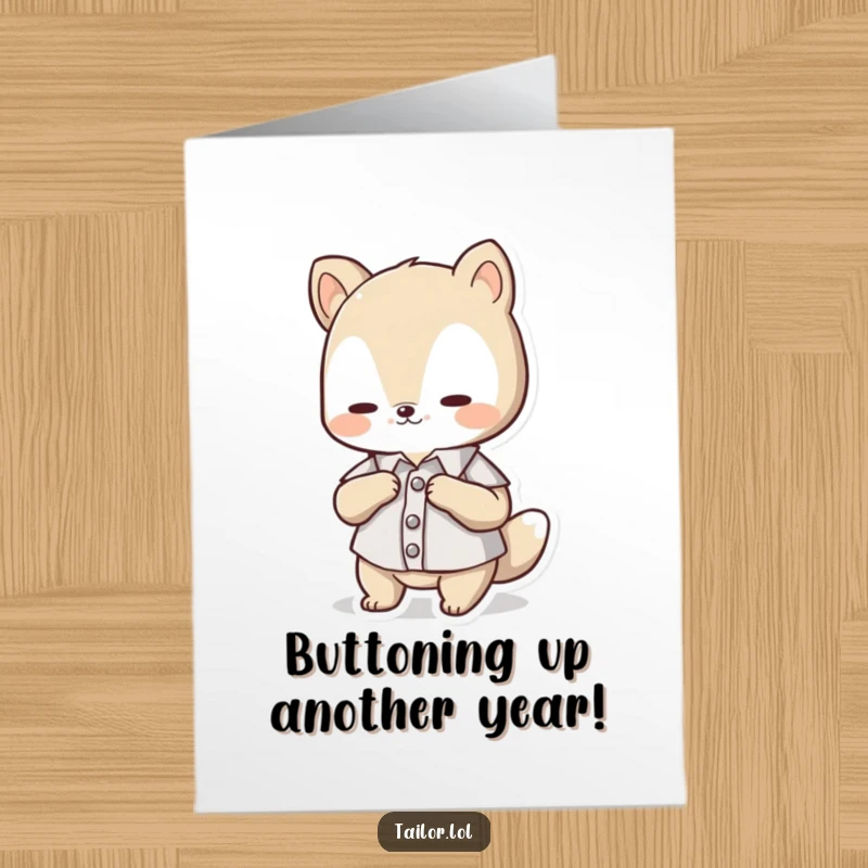 Funny Free Printable Birthday Card: Cute animal character hilariously adjusting a tiny button on a miniature shirt, ready to celebrate.