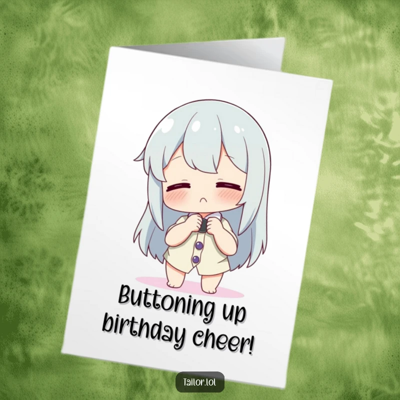 Funny Free Printable Big Button Birthday Card, adjusting comically large button, tiny shirt, a humorous DIY gift.