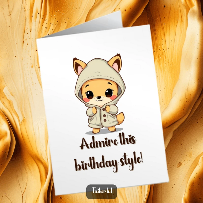 Funny Free Printable birthday card showing a curious animal character marveling at a beautifully stitched, oversized garment.