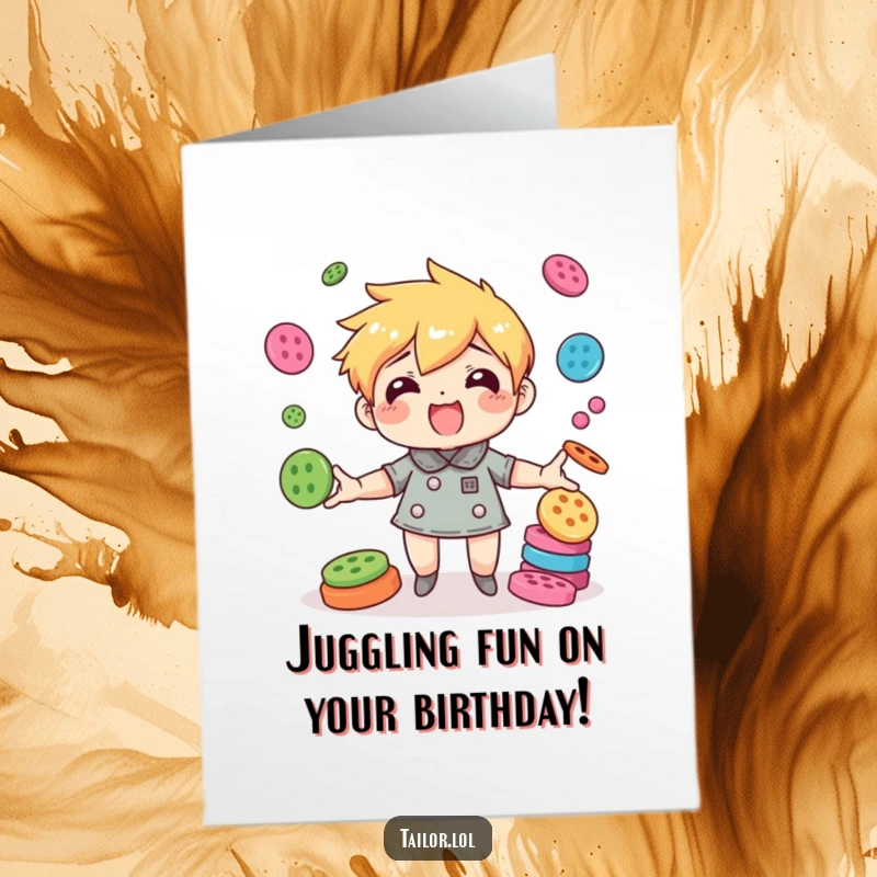 Funny Free Printable Birthday Card: Agile character comically juggling colorful buttons, sending birthday wishes.