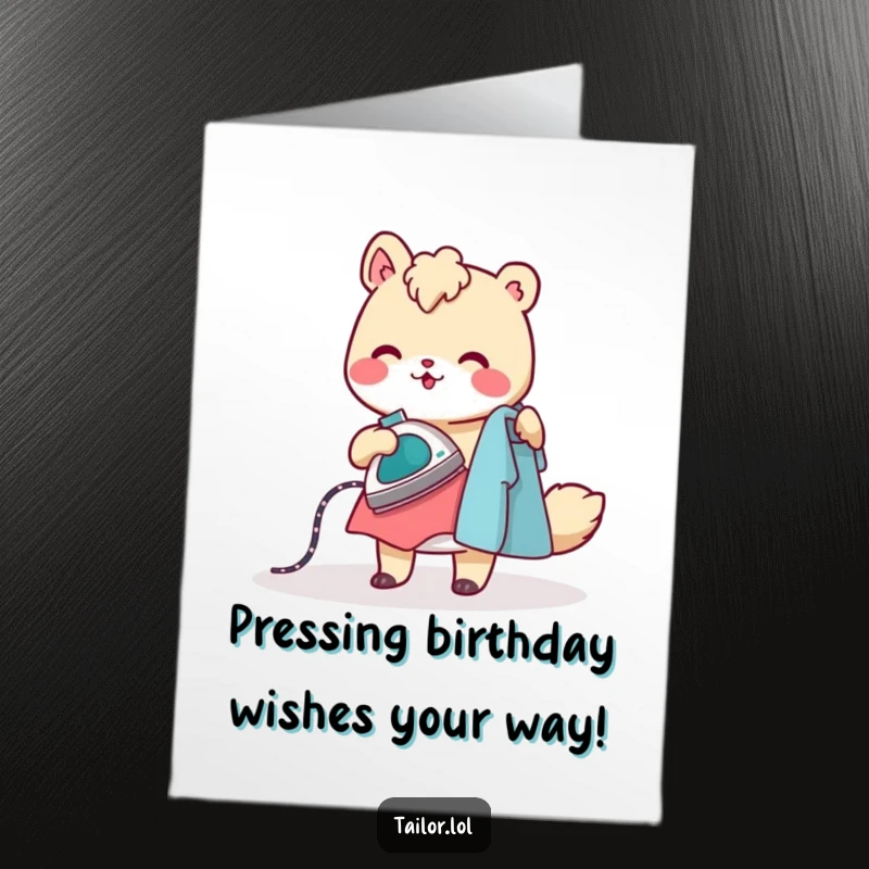 Funny Free Printable Birthday Card: Cheerful animal character meticulously ironing clothes with a tiny, steaming iron, perfect for download.