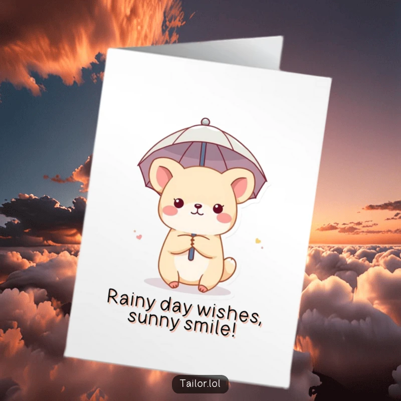 Funny Free Printable Birthday Card: Cute animal character using a thimble as a tiny umbrella, looking slightly worried, perfect for a download.