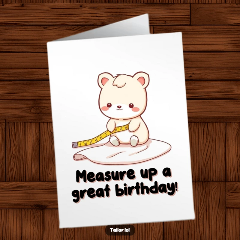 Funny Free Printable Birthday Card: Cute animal character carefully measuring a long bolt of fabric that trails on the floor.