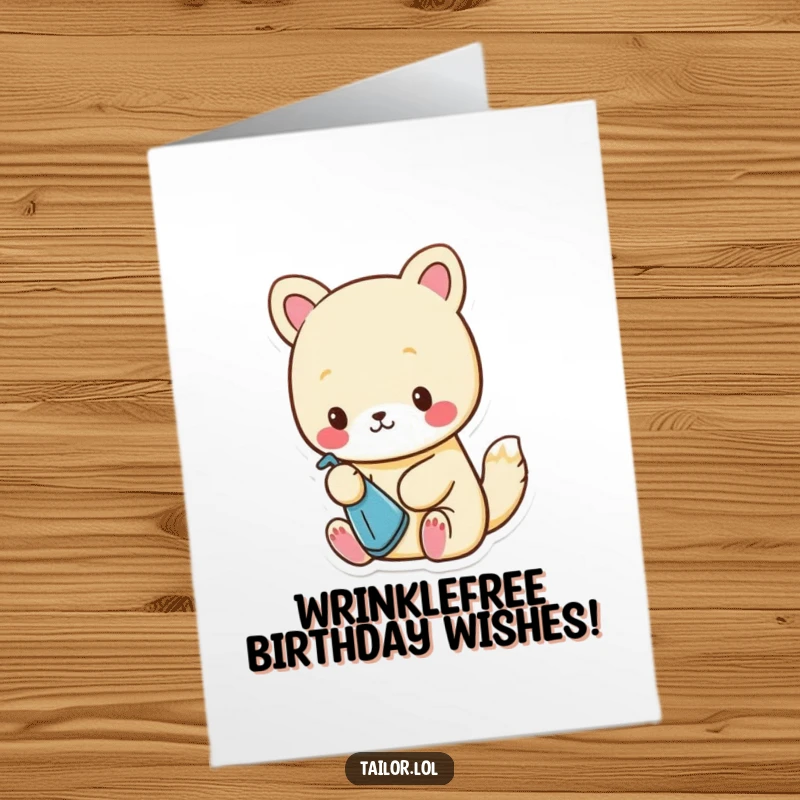 Funny Free Printable Birthday Card: Cute animal character carefully ironing a minuscule piece of cloth with a focused expression.