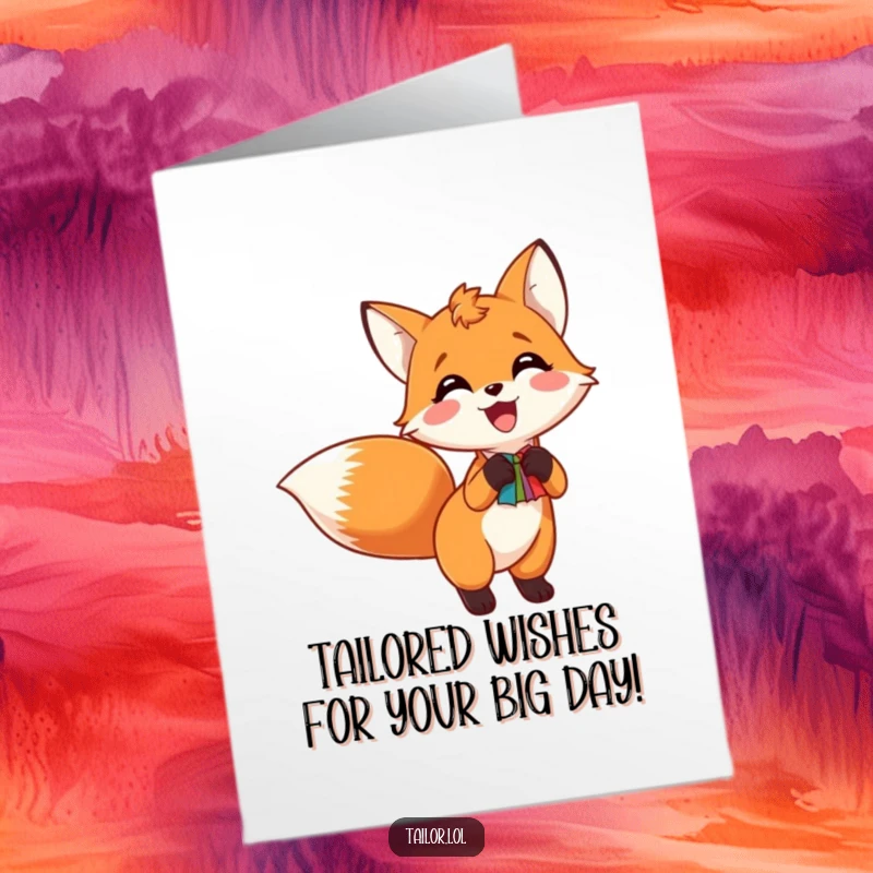 Funny Free Printable Birthday Card: Excited fox joyfully pins a colorful swatch to its tail, ready for a party.