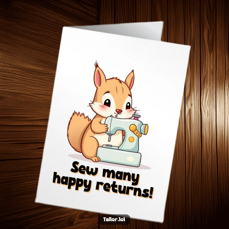 Funny Free Printable Birthday Card: Curious squirrel enthusiastically operating a tiny sewing machine, crafting a celebration.
