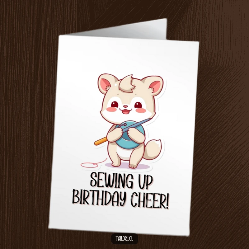 Funny Free Printable birthday card showing a playful animal character using a comically giant needle to sew a button.