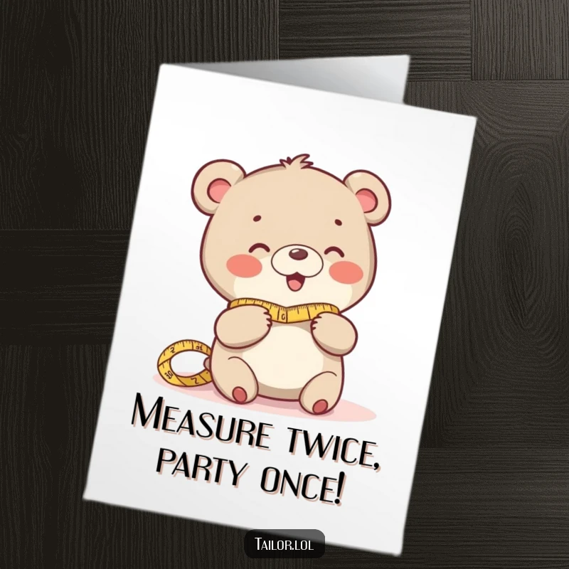 Funny Free Printable Birthday Card: Playful bear giggling while measuring fabric with a tape measure, ready to sew a smile.