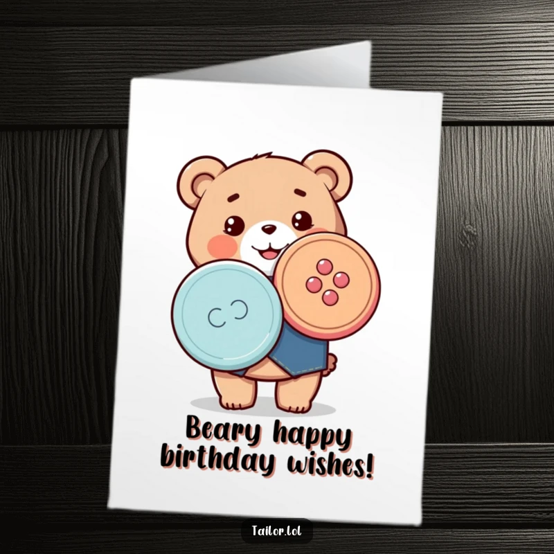 Funny Free Printable Birthday Card showing a happy Kawaii bear tailor proudly presenting a comically oversized, colorful button.