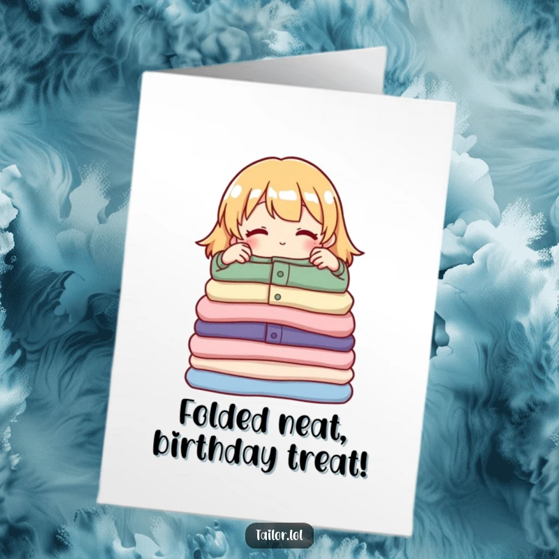 Funny Free Printable Birthday Card: A character proudly adjusts a neat pile of folded garments, celebrating organization.