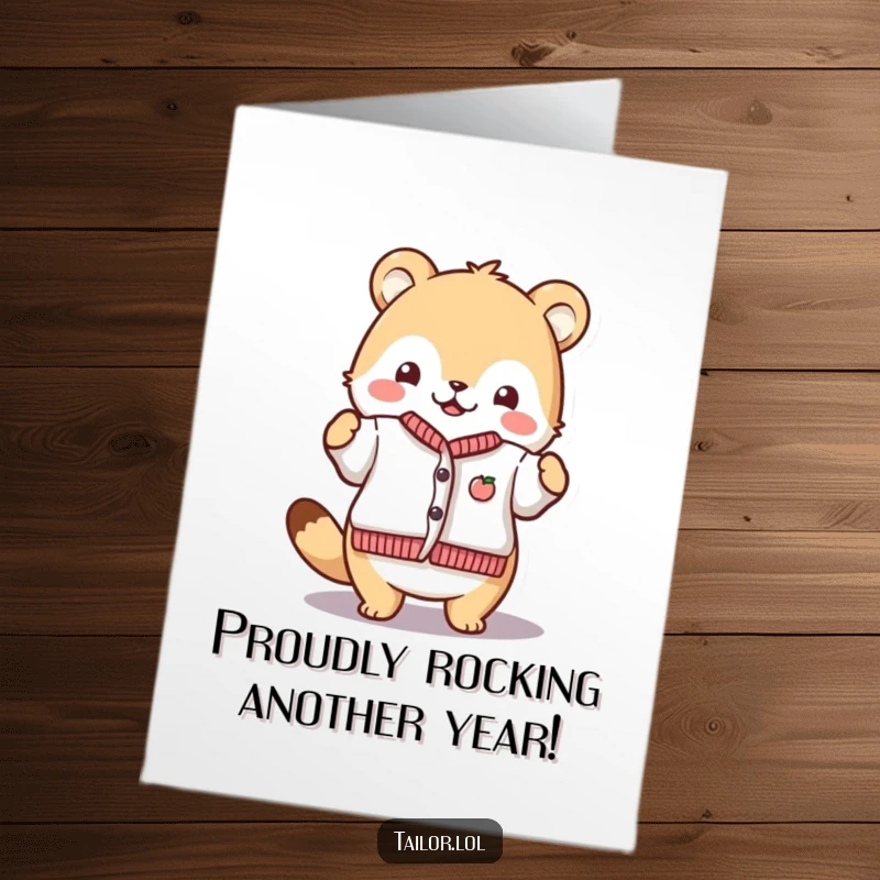 Funny Free Printable Birthday Card: Cute animal character proudly displaying a finished tiny garment, celebrating a creation.