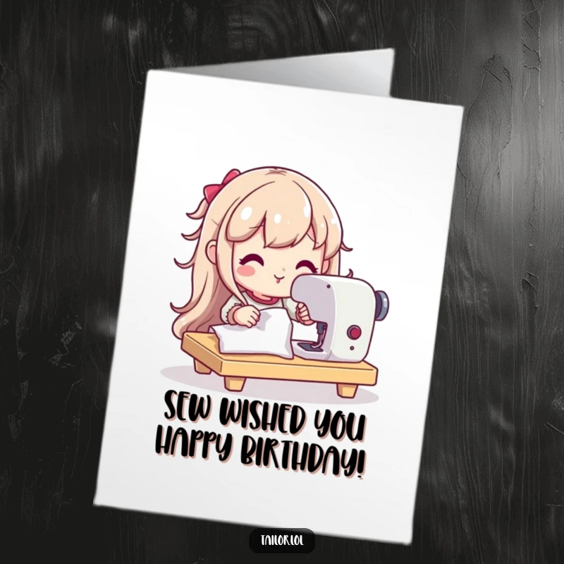 Funny Free Printable Birthday Card: A character with a determined smile expertly operates a sewing machine, crafting birthday wishes.