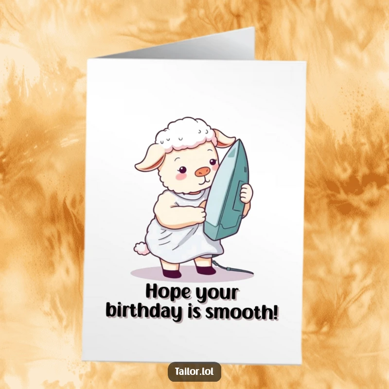 Funny Free Printable Birthday Card: A silly sheep struggling to iron a wrinkled shirt with a comically large iron, for a happy birthday.