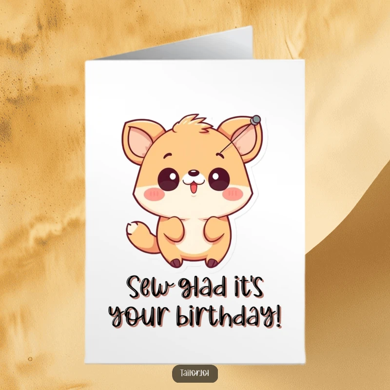 Funny Free Printable Birthday Card: Cute animal character looking surprised as a needle pulls thread through the air, sewing mishap.