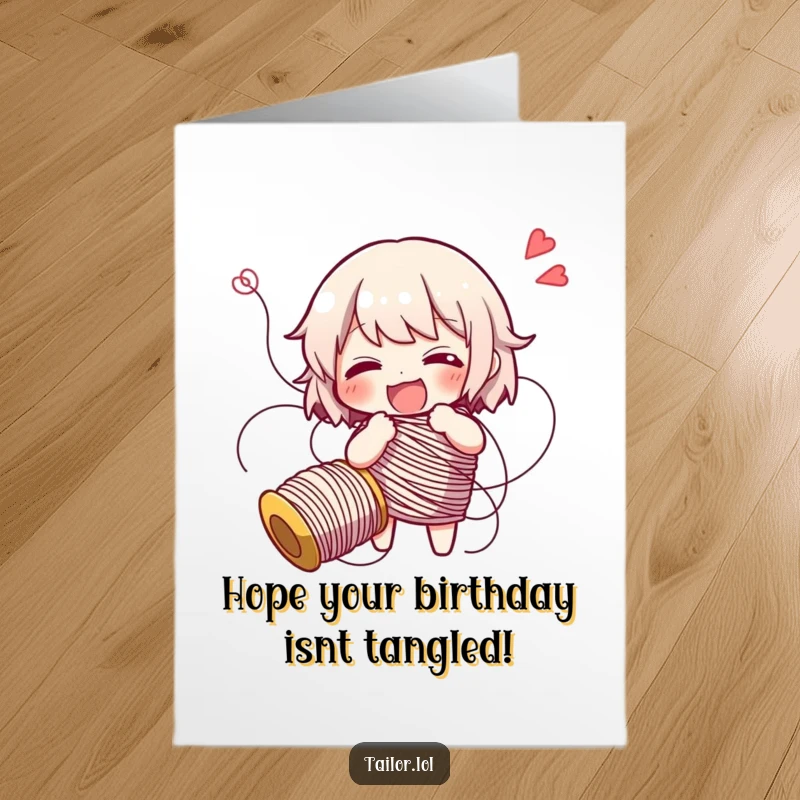 Funny Free Printable Birthday Card: Character comically tangled in thread, giggling with birthday wishes.