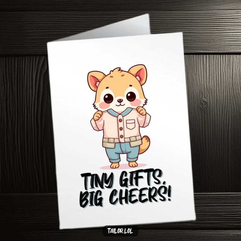 Funny Free Printable Birthday Card: Proud animal holding a ridiculously small, perfectly sewn garment, celebrating a birthday.