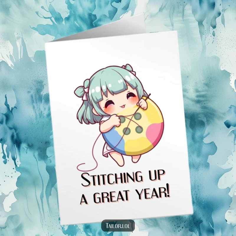 Funny Free Printable Birthday Card: A character happily sewing a large, colorful button with a needle and thread.