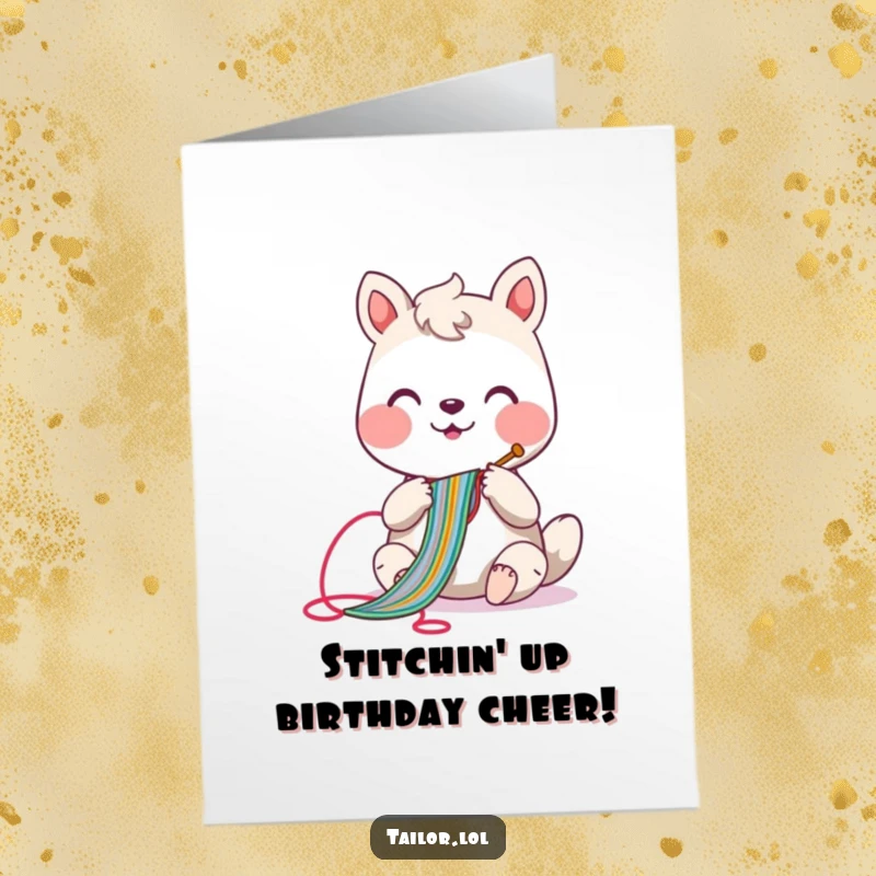 Funny Free Printable Birthday Card: A happy animal character sewing a long, colorful stitch with a needle, ready to send birthday wishes.