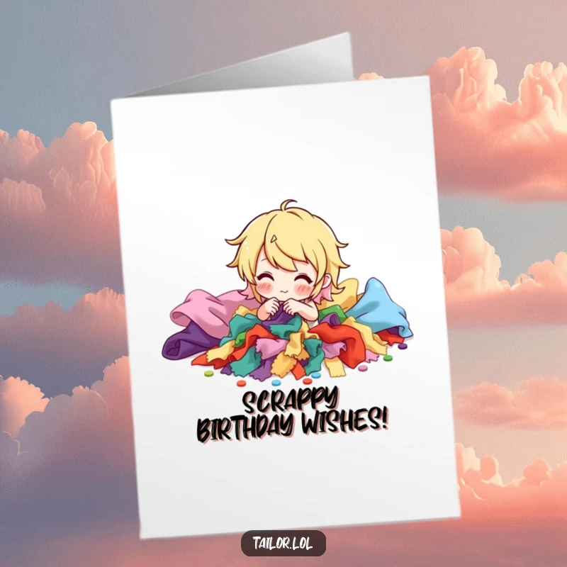 Funny Free Printable Birthday Card: Character sorting vibrant fabric scraps, perfect for crafty birthdays.