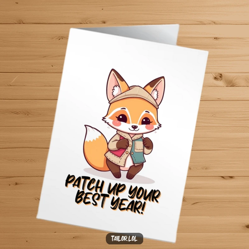 Funny Free Printable Birthday Card: Playful Kawaii fox tailor character sewing a uniquely mismatched patch with glee.
