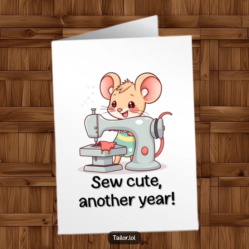 Funny free printable Kawaii mouse tailor excitedly sewing a giant birthday card on a massive sewing machine.