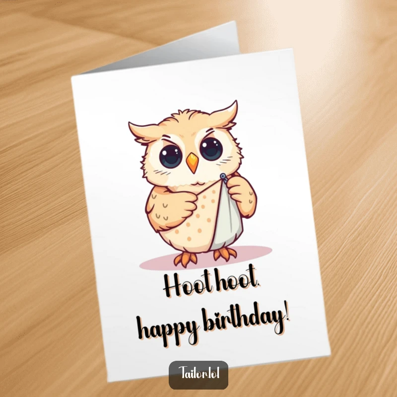 Funny free printable birthday card: A curious owl intently pinning a pattern onto cloth, celebrating a special day.